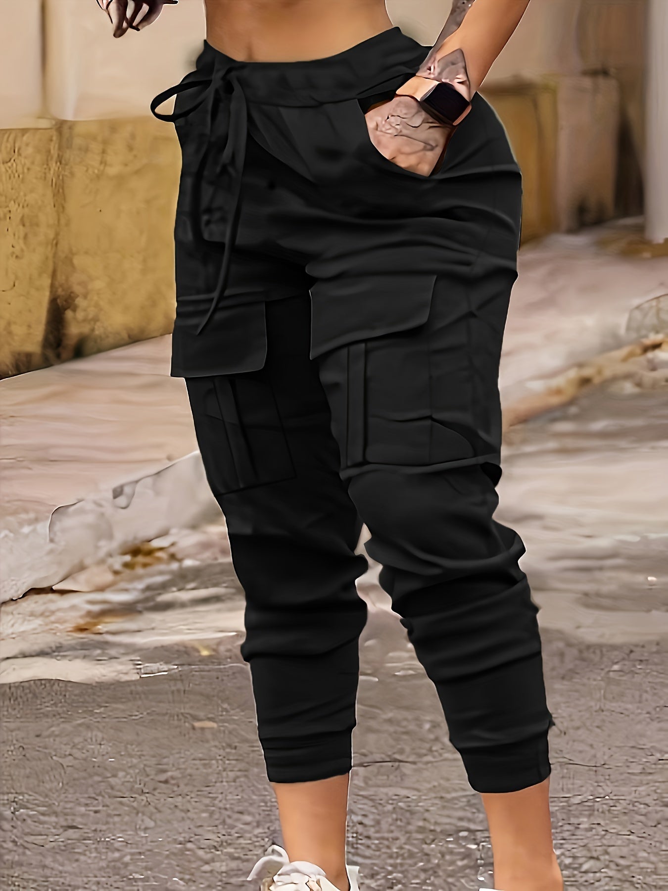 Women's Plus Elastic Drawstring Cargo Joggers With Pockets