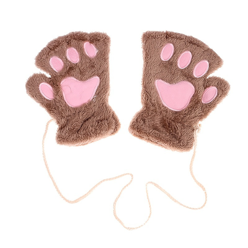 Winter Cartoon Cat Paws Gloves Girl Fingerless Plush Gloves