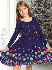 Girls Christmas Tree Print Crew Neck Dress