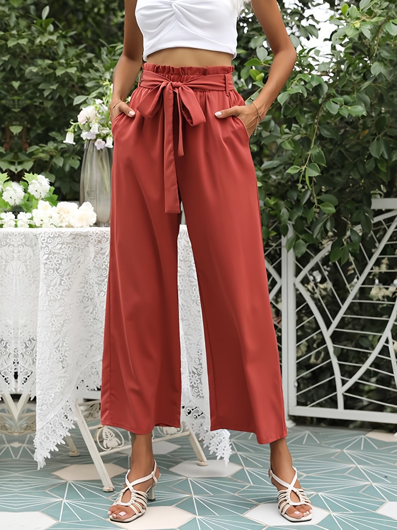 Boho Smocked Wide Leg Pants High Waist Solid Palazzo