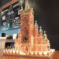 Pink Gothic Church Building Brick Model 3D Assembly Toy