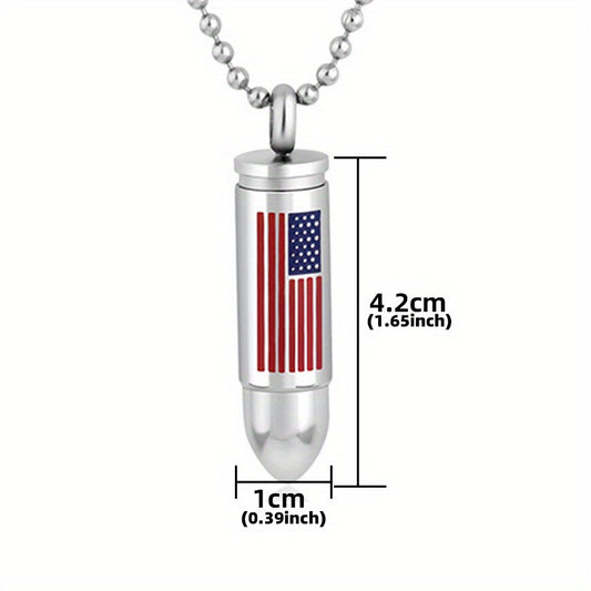 Stainless Steel American Flag Bullet Pendant Cremation Urn Necklace