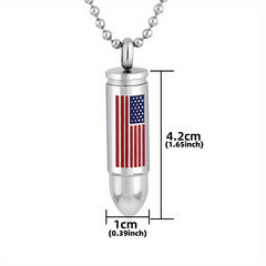 Stainless Steel American Flag Bullet Pendant Cremation Urn Necklace