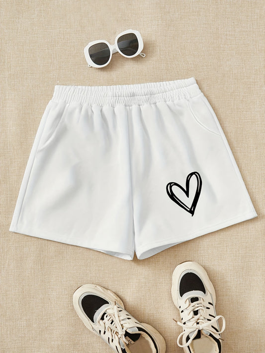 Girls Heart Print Sweat Shorts Elastic Waist Casual Sports Clothes