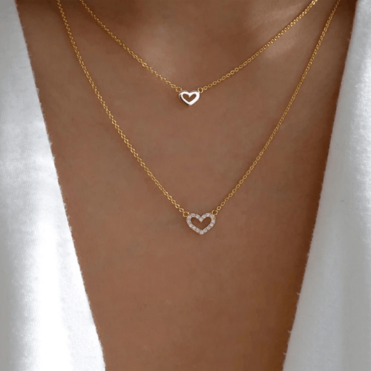 Love Faux Diamond Stacked Necklace Female Peach Heart Clavicle Chain 2pcs