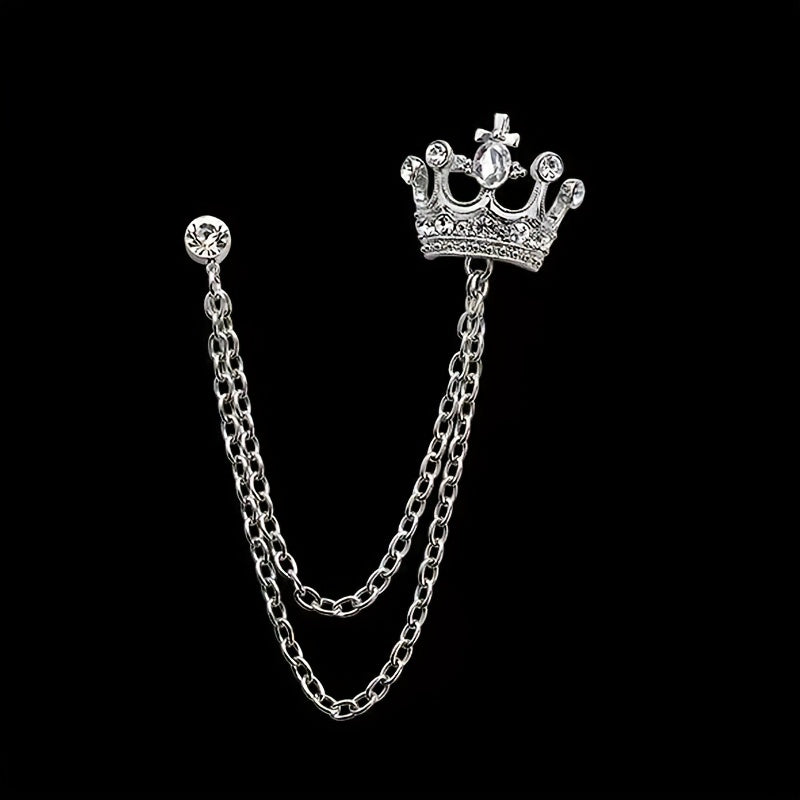 Men's Rhinestone Crown Tassel Chain Brooch Pin