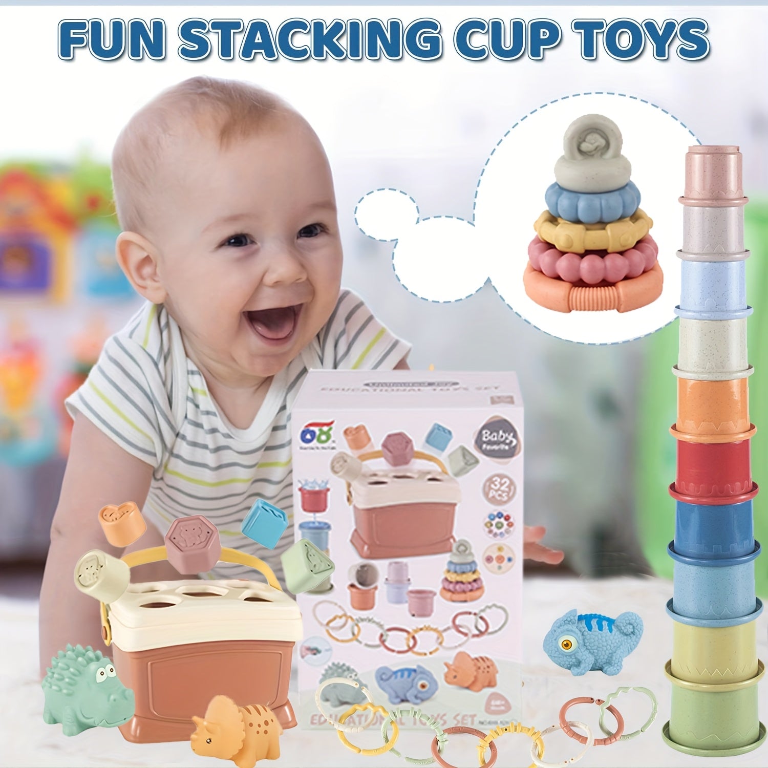 Baby Stacking Cups Shape Sorters Set Animals Toys