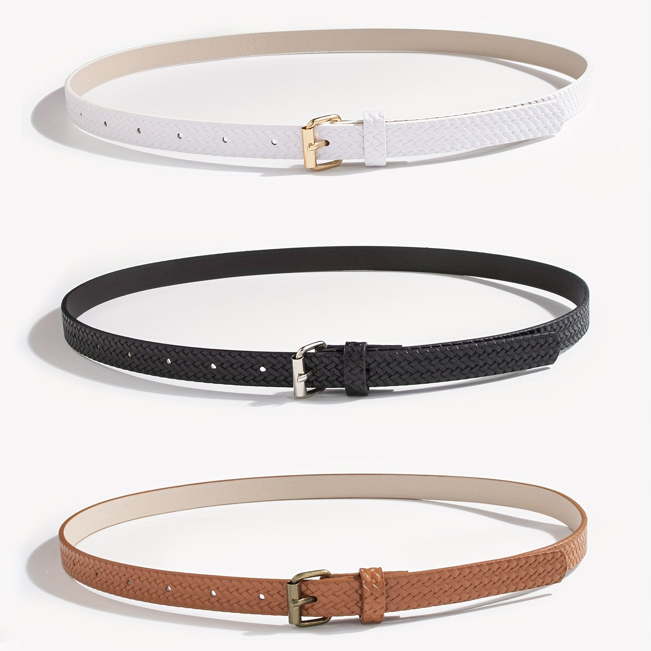 3pcs Braided Pattern PU Belt Solid Square Pin Buckle Belt Embossed Girdle