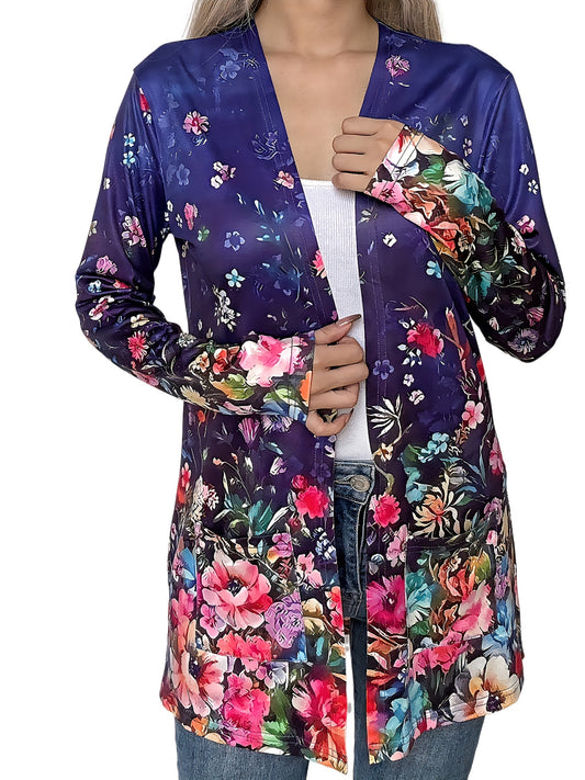 Plus Floral Print Open Front Cardigan with Pockets