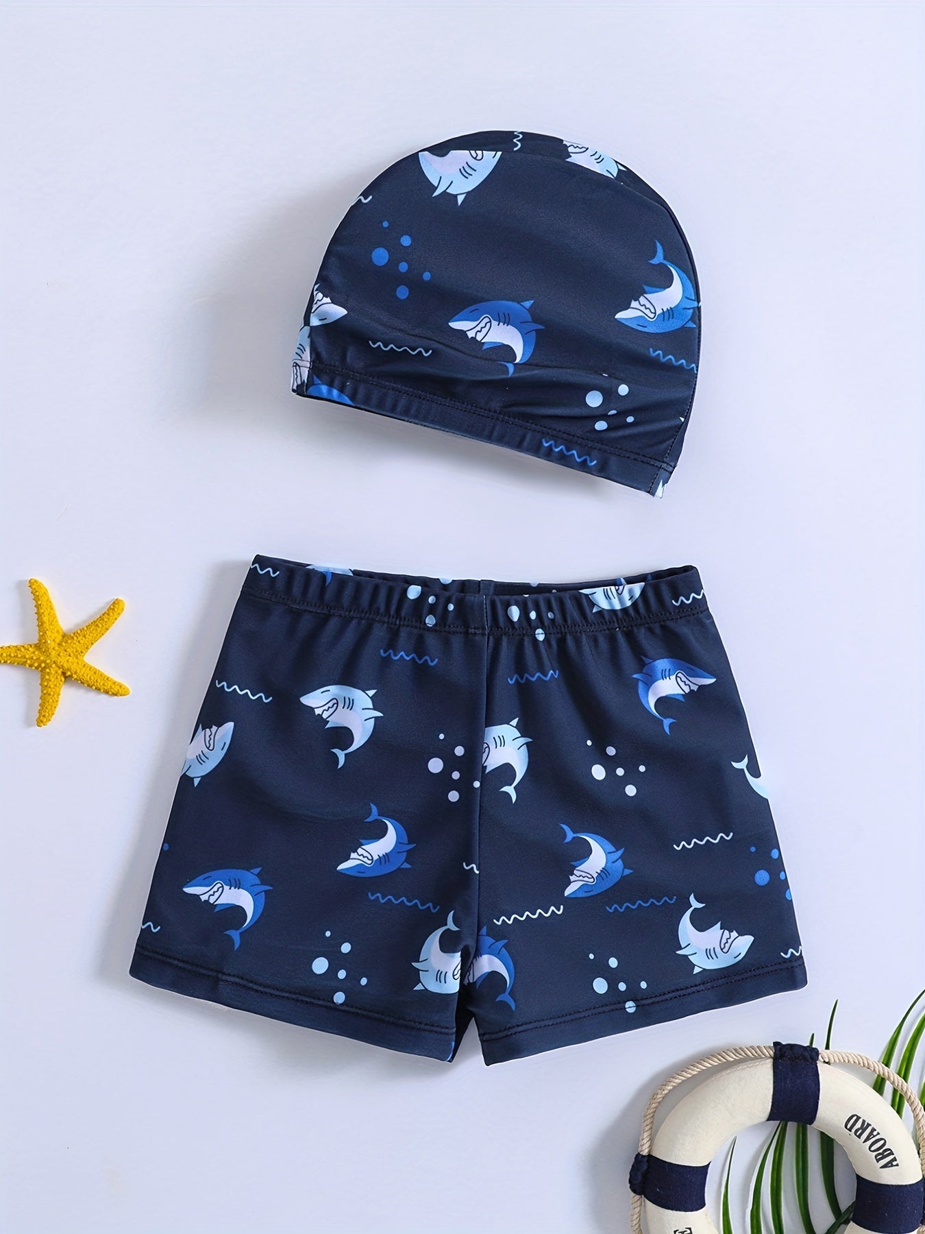 2pcs Boys Shark Print Swim Trunks & Cap Swimsuit Summer Clothes