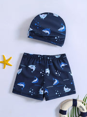 2pcs Boys Shark Print Swim Trunks & Cap Swimsuit Summer Clothes