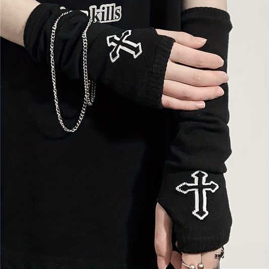Goth Cross Jacquard Fingerless Gloves with Chain Tassel