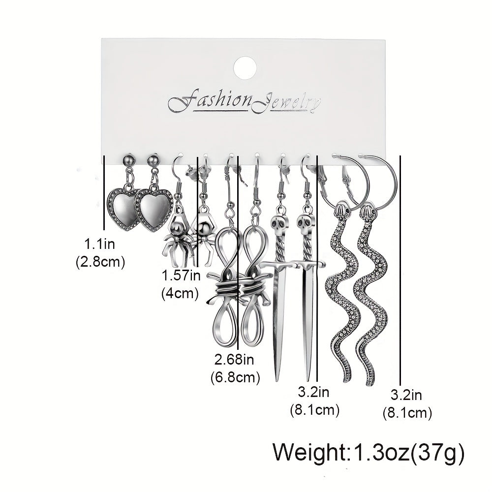 Punk Vintage Silver Snakes Butterfl. Sword Skull Earrings Set 9 Pairs