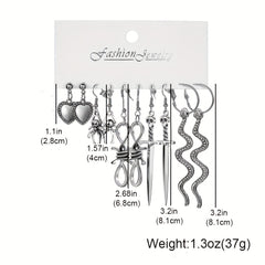 Punk Vintage Silver Snakes Butterfl. Sword Skull Earrings Set 9 Pairs