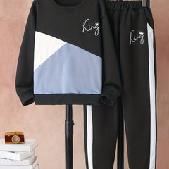 Boy's KING Print Outfit 2pcs Sweatshirt & Sweatpants Set Crown Pattern