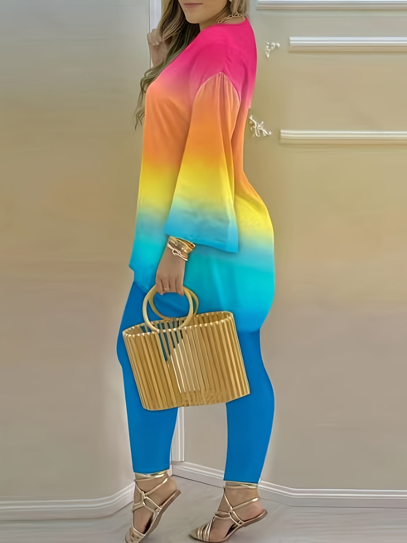  Colorblock Ombre Print Top & Pants 2 Piece Set