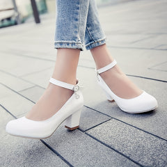 Women's Chunky Mid Heels Ankle Strap Faux Leather Shoes Non Slip Pumps