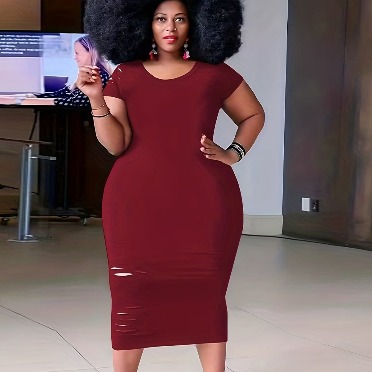  Sexy Dress Women's Solid Cut Out Long Sleeve Round Neck Dress