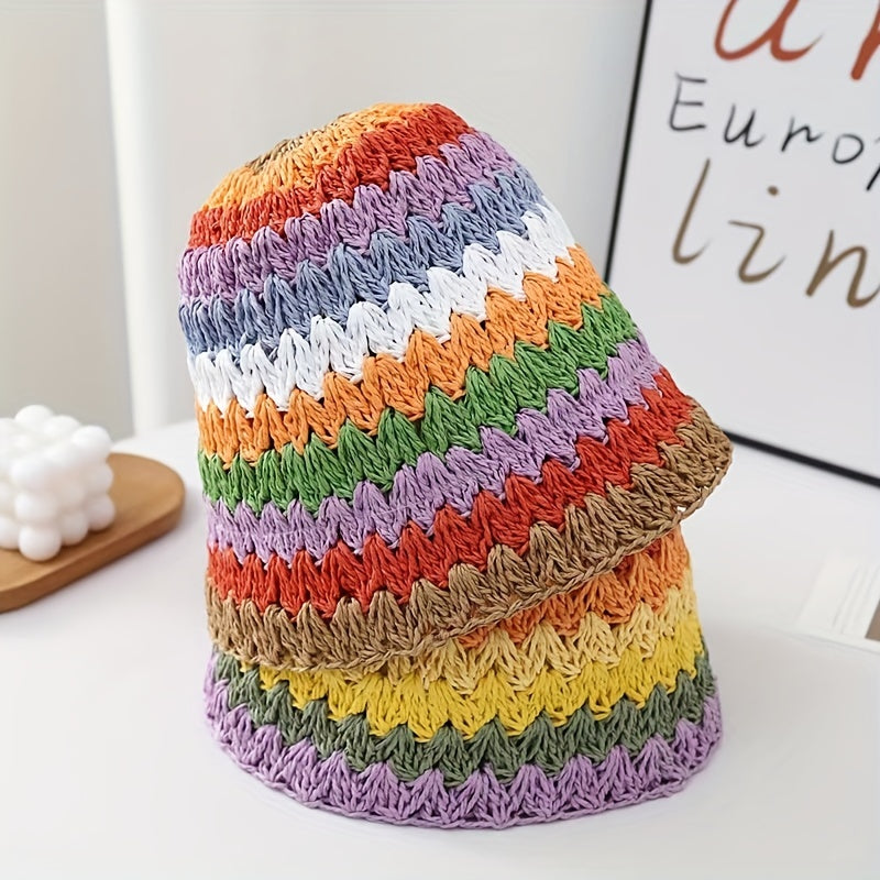 Rainbow Striped Bucket Hat Crochet Straw Sun Hat