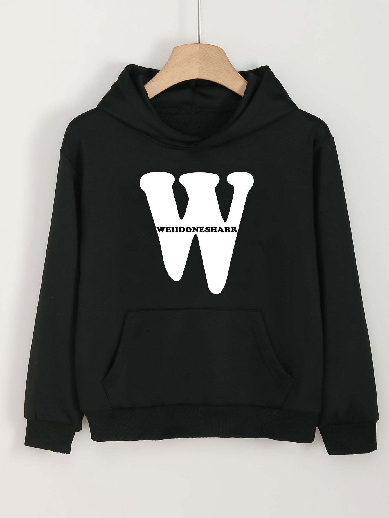 Girls W Letter Print Hoodies Comfy Hooded Pullover With Pocket