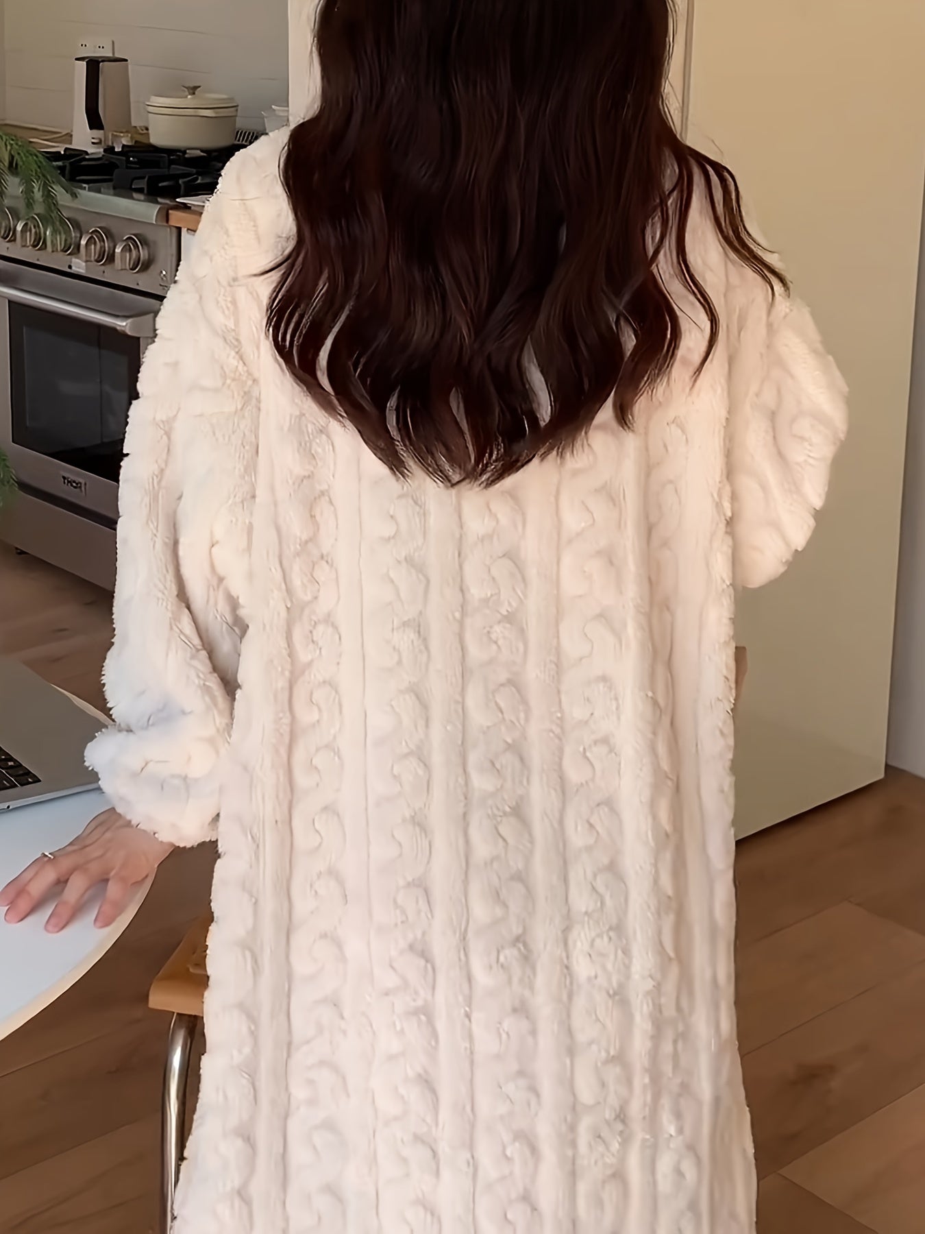 Floral Decor Fuzzy Night Robe Long Sleeve V Neck Buttons Robe With Pockets