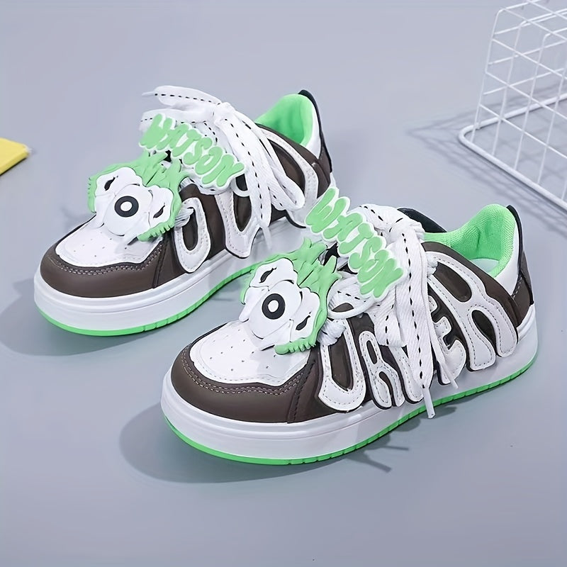 Retro Cartoon Letter Pattern Skate Shoes Lace Up Non slip Sneakers
