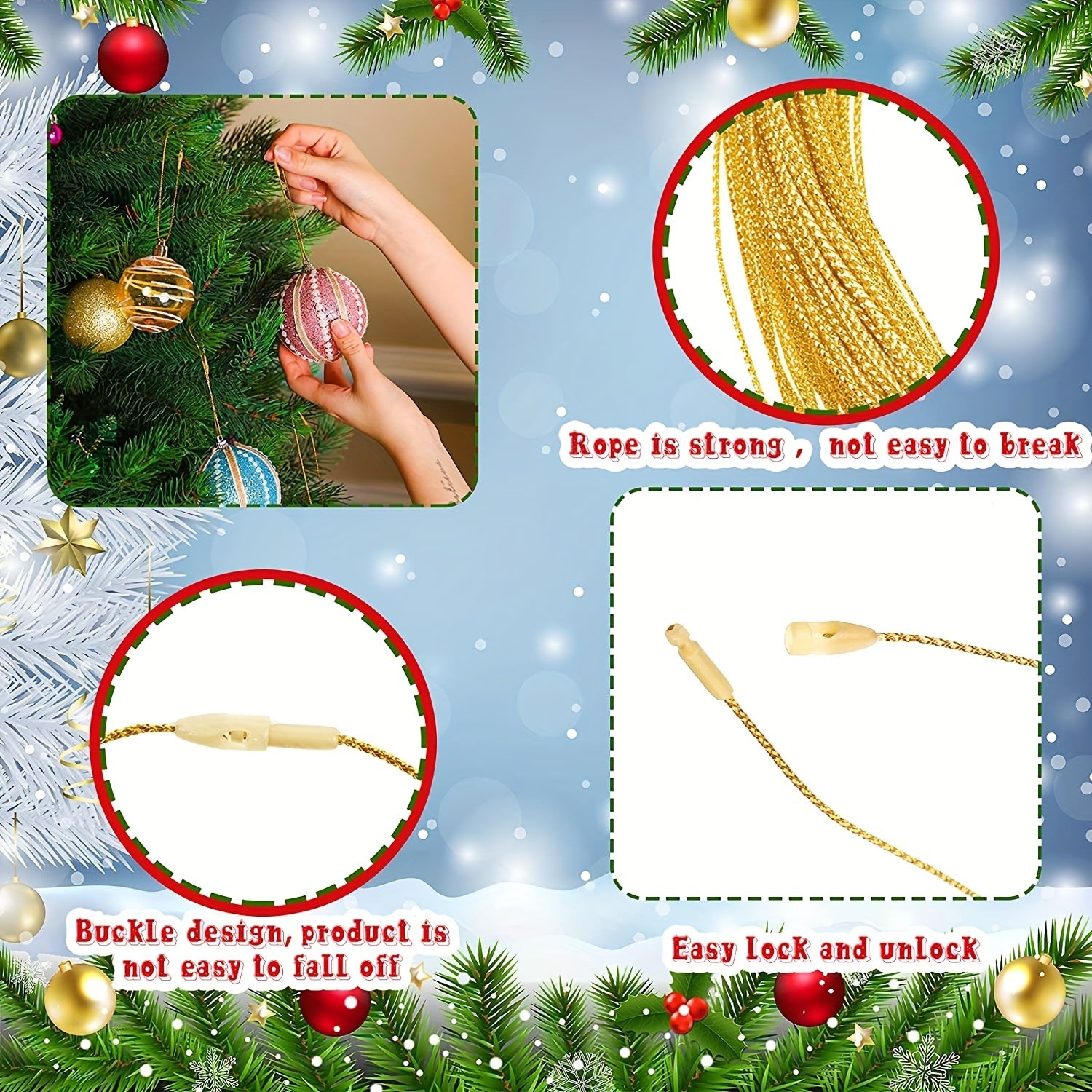 200pcs Golden Ribbon Ornament Hook Ropes with Snaps Locking