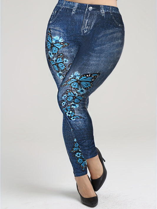  Butterfly & Denim Print High Rise Leggings