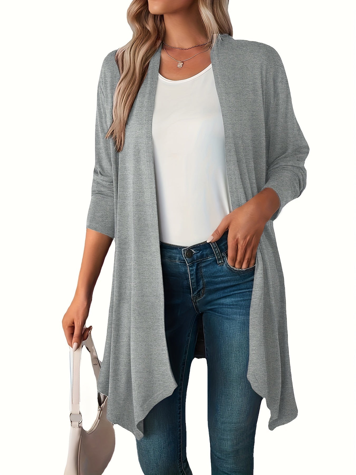  Solid Long Sleeve Open Front Cardigan