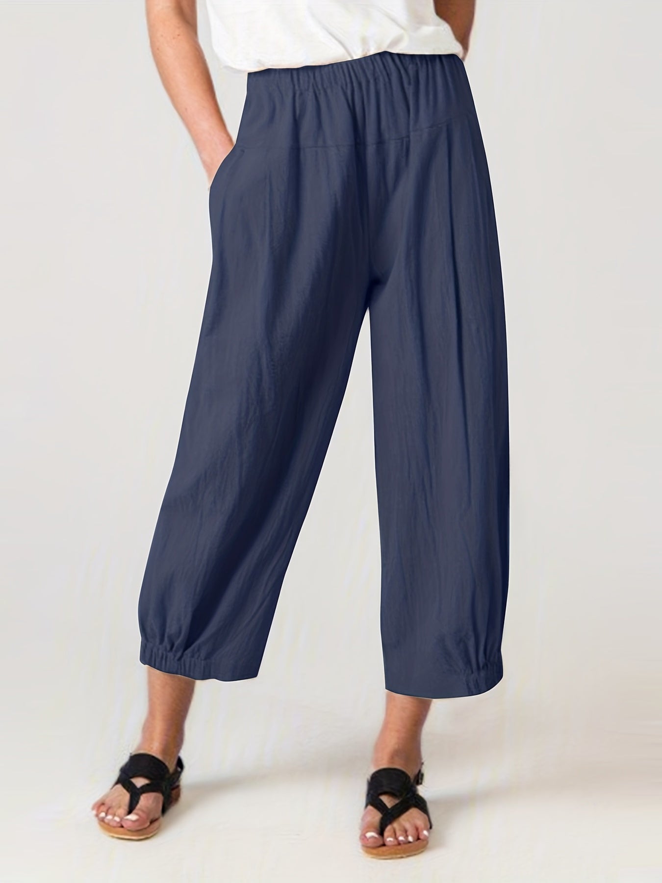  Solid High Rise Elastic Pleated Harem Pants