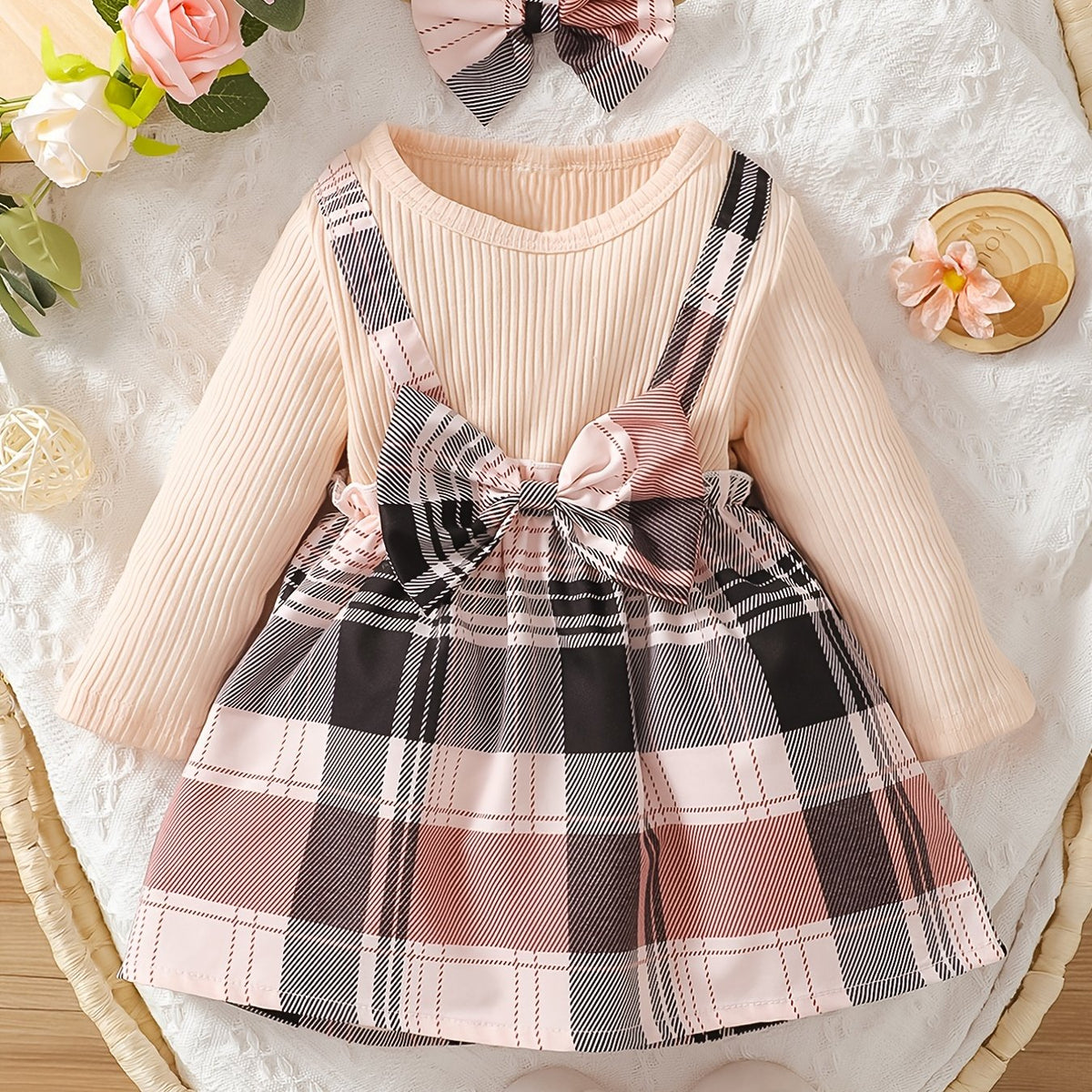 2pc Toddler Girls Bow Plaid Skirt Set Long Sleeve Knit Sweater Dress Headband