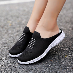 Women's Knit Flat Mules Comfy Solid Closed Toe Non Slip Slides Shoes