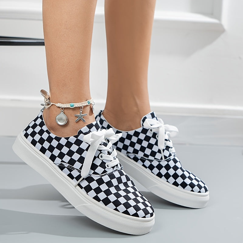 Women's Gingham Lace Up Skate Shoes Low Top Sneaker