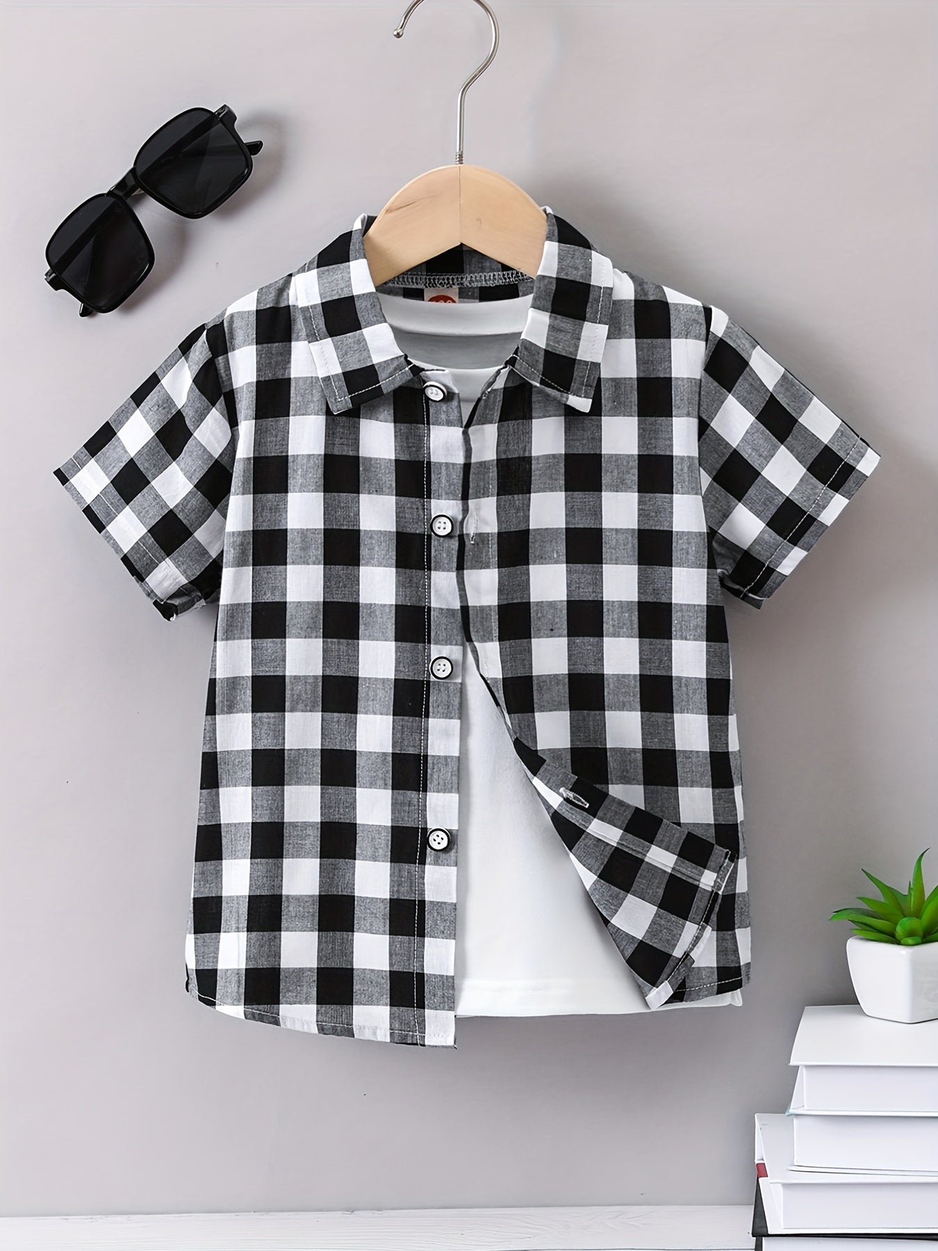 Boys Black Plaid Print Shirt Lightweight Short Sleeve Top