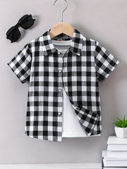 Boys Black Plaid Print Shirt Lightweight Short Sleeve Top