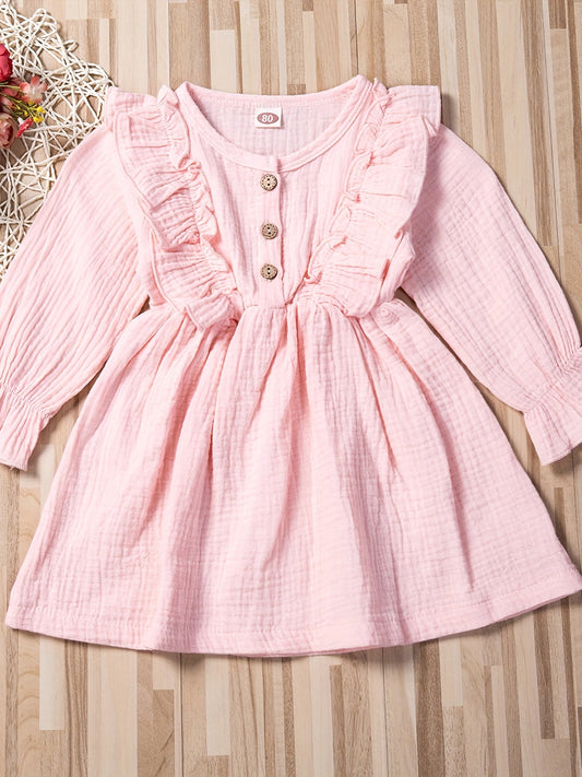 Girls Ruffle Trim Button Long Sleeve Dress