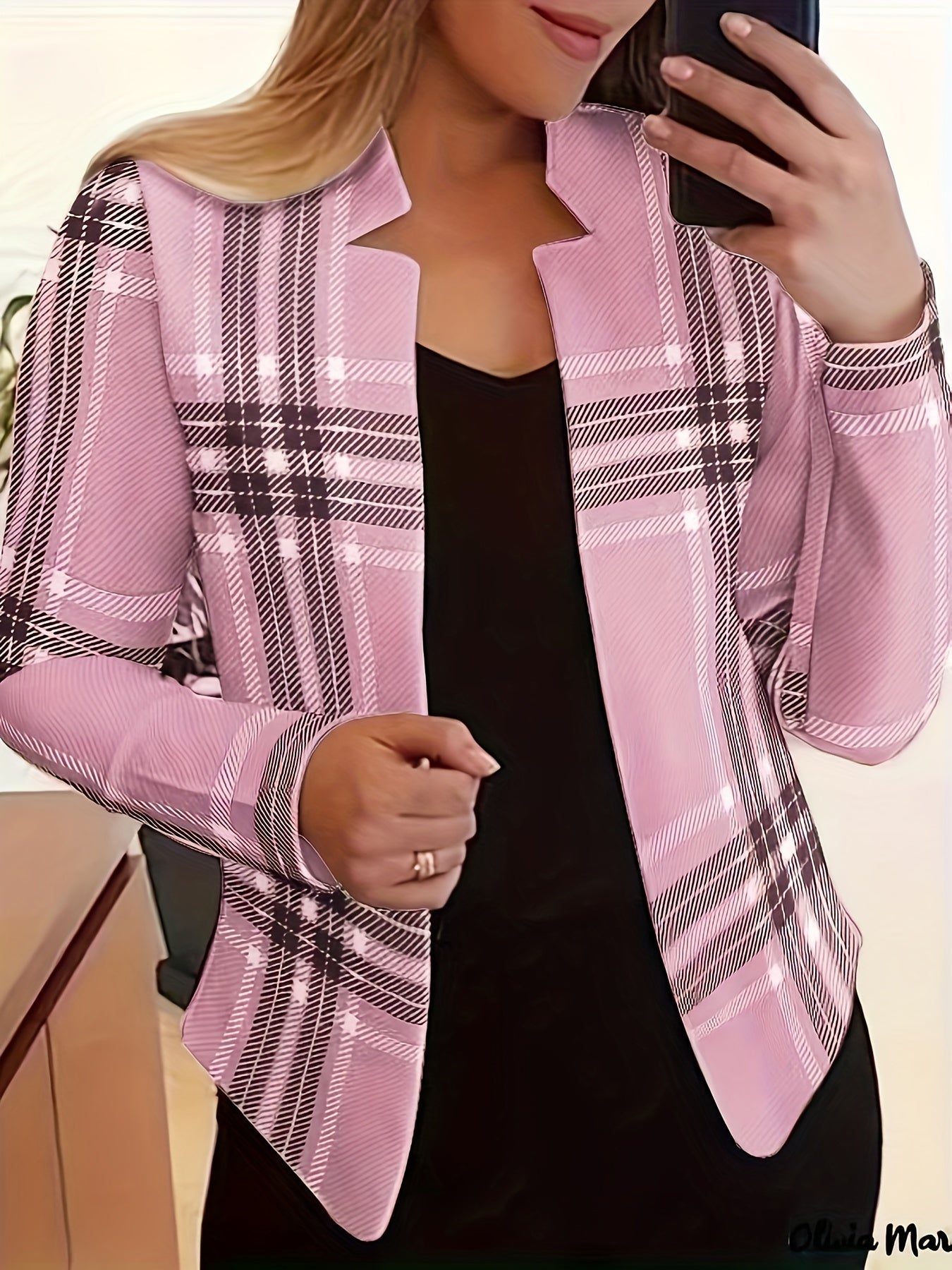  Plaid Print Long Sleeve Open Front Blazer