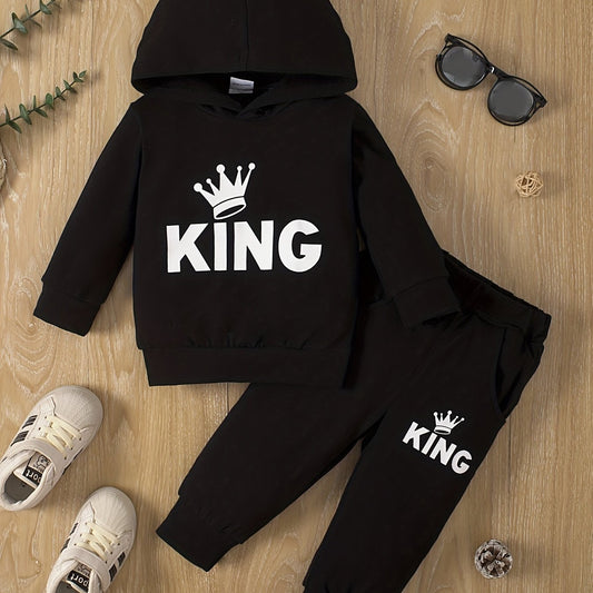 Baby Boy's Hooded KING Print Sweatshirt Pants Set