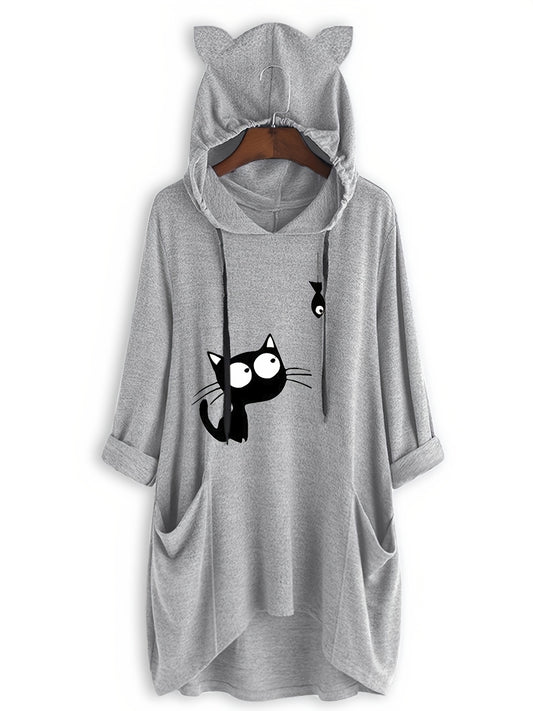 Cat Print Drawstring Hoodie Casual Long Sleeve Sweatshirt