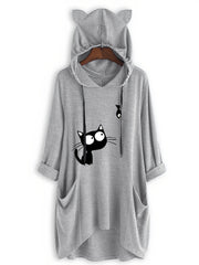 Cat Print Drawstring Hoodie Casual Long Sleeve Sweatshirt