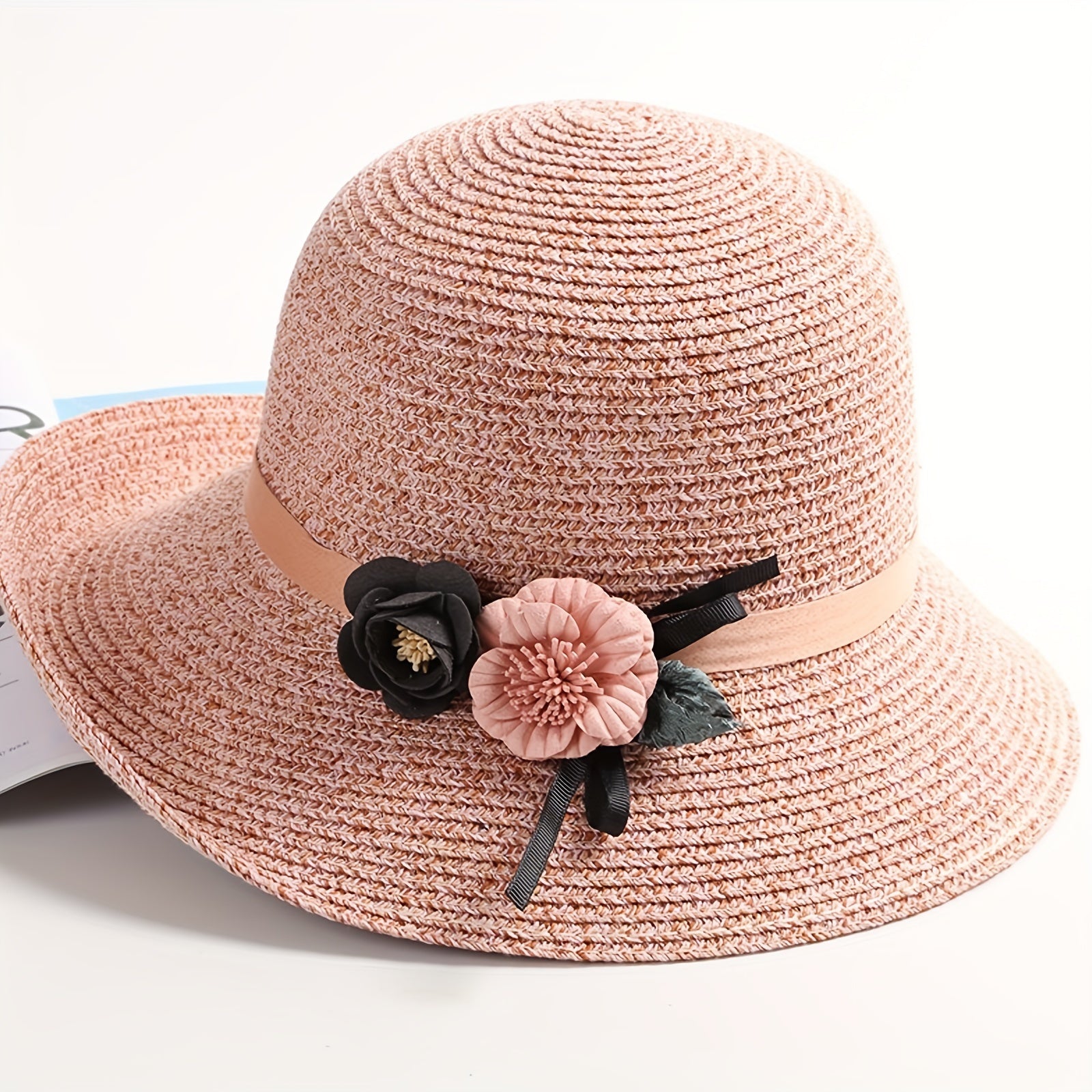 Flower Decor Straw Sun Hat UV Protection Bucket Hat for Women