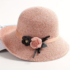 Flower Decor Straw Sun Hat UV Protection Bucket Hat for Women