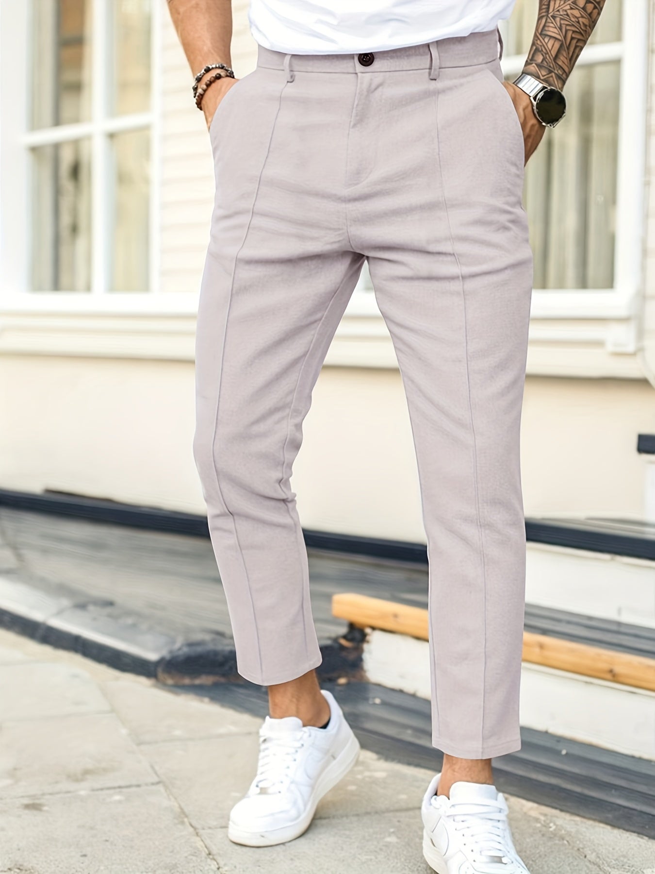 Men's Work Pockets Button Fly Slim Fit Trousers