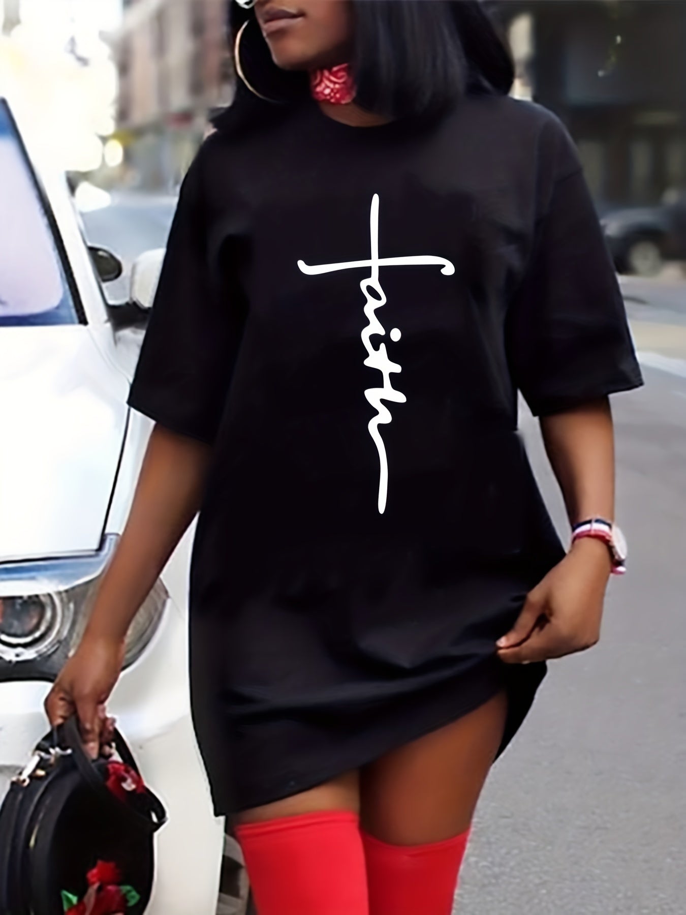  Casual Dress Women's Plus Letter Print Short Sleeve Tee Dress