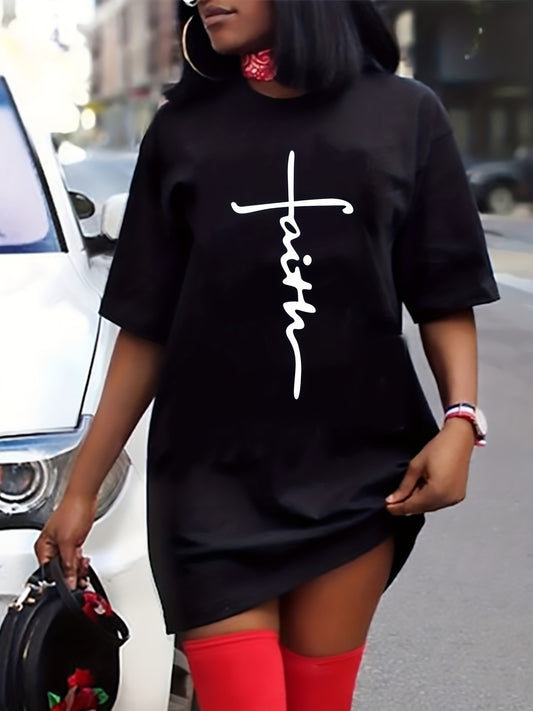  Casual Dress Women's Plus Letter Print Short Sleeve Tee Dress