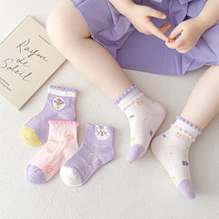 Girls Ruffled Flower Print Knit Socks Cartoon Mesh Breathable Socks