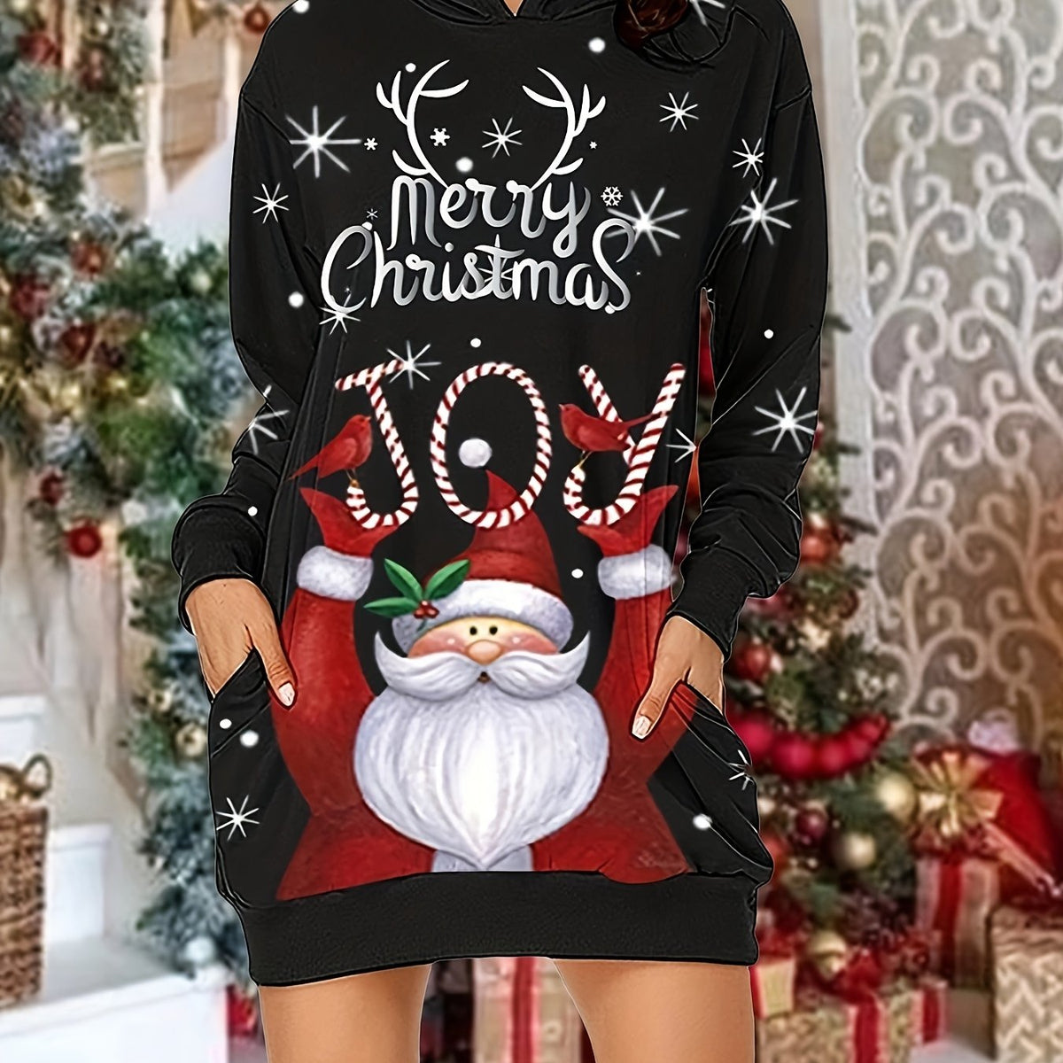  Christmas Casual Dress Women's Long Sleeve Hooded Dress With Pockets