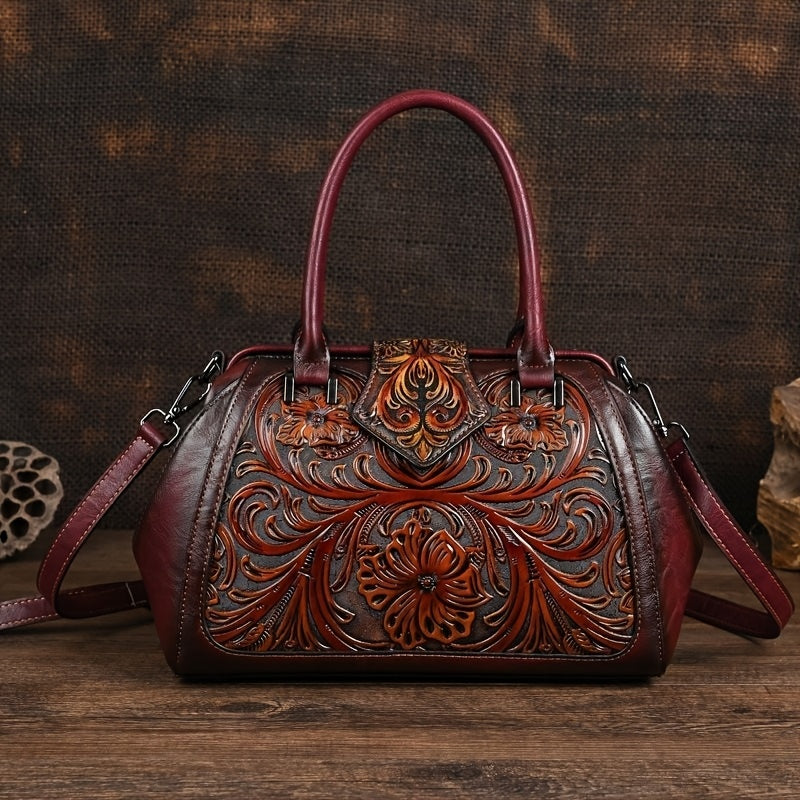 Vintage Floral Embossed Tote Bags Brown Red Green w/ Removable Straps