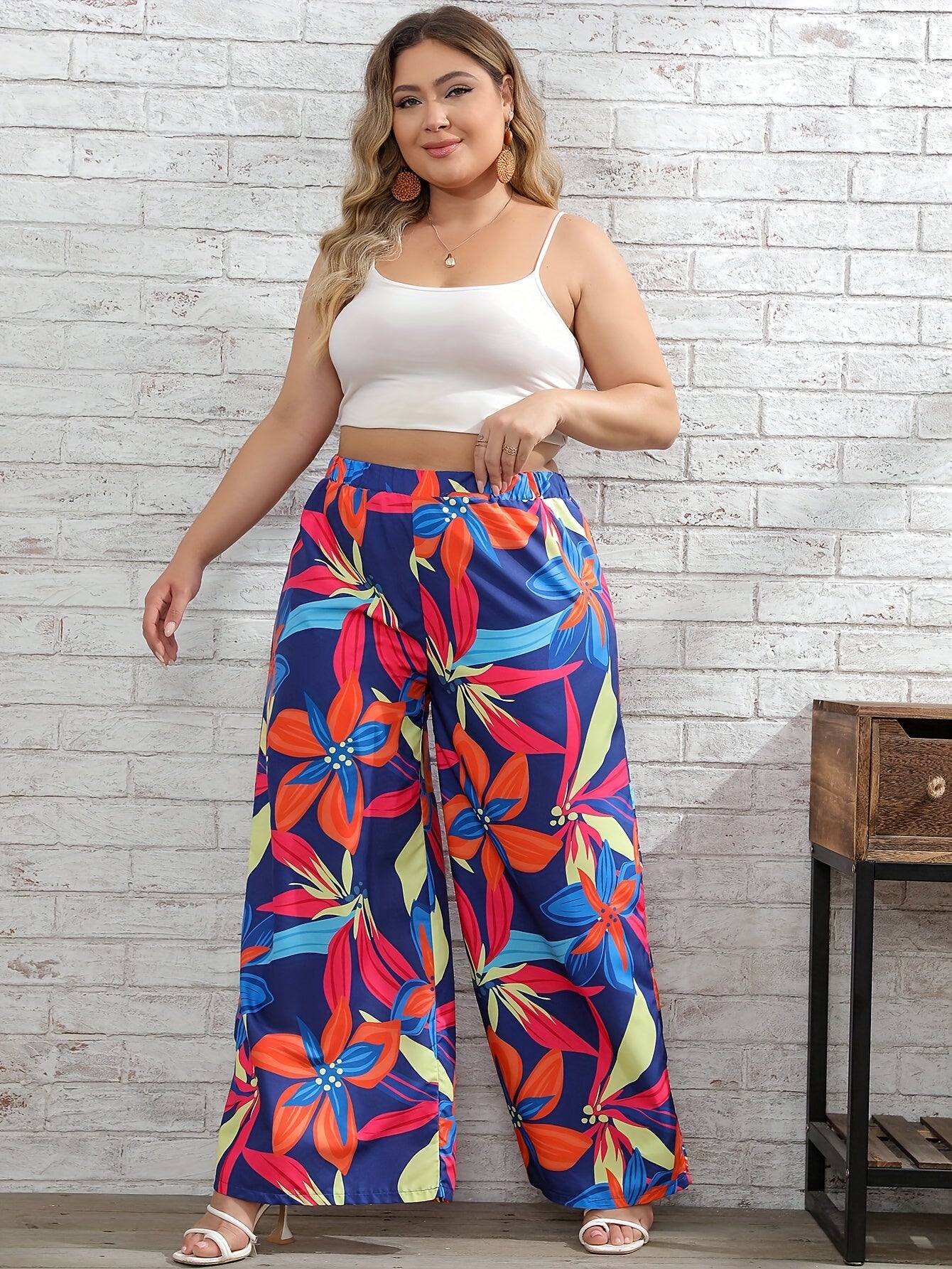  Boho Pants Women's Plus Floral Print Wide Leg Trousers