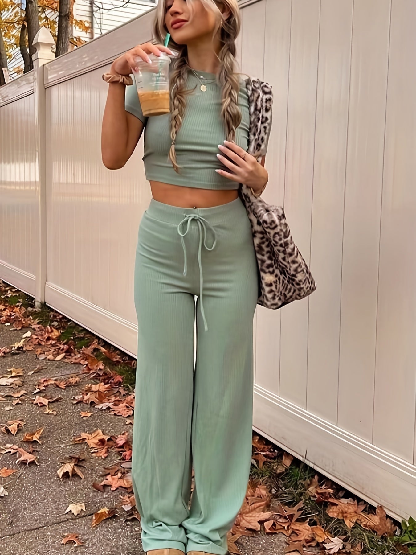 Casual Two Piece Set Crew Neck Short Sleeve Tops & Drawstring Wide Leg Pants